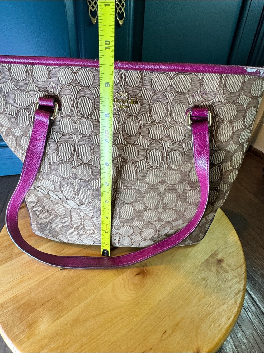 Coach Beige Signature Tote with Magenta Trim and Straps - Picture 8 of 15